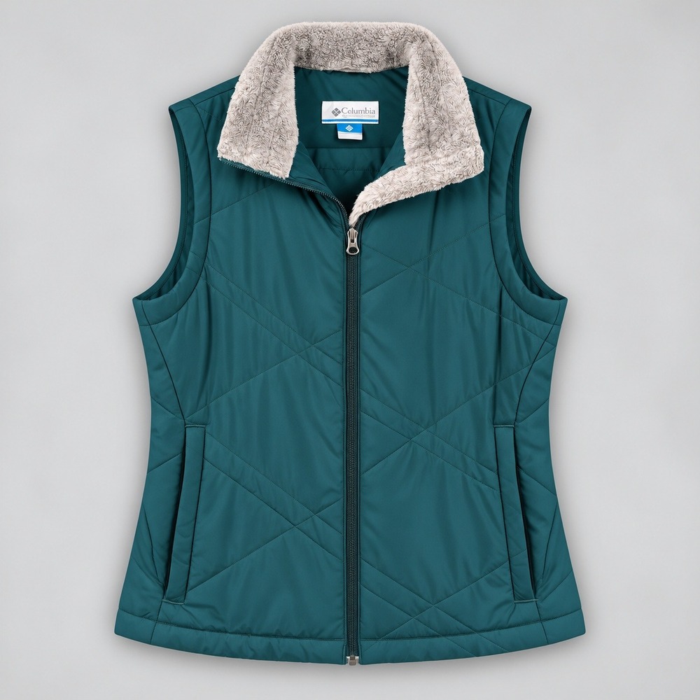 Columbia Womens Quilted Faux Fur Lined Vest Teal Green Large